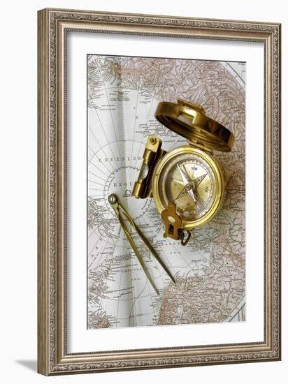 Compass And Dividers on a Map-Tony Craddock-Framed Photographic Print