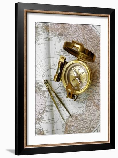 Compass And Dividers on a Map-Tony Craddock-Framed Photographic Print