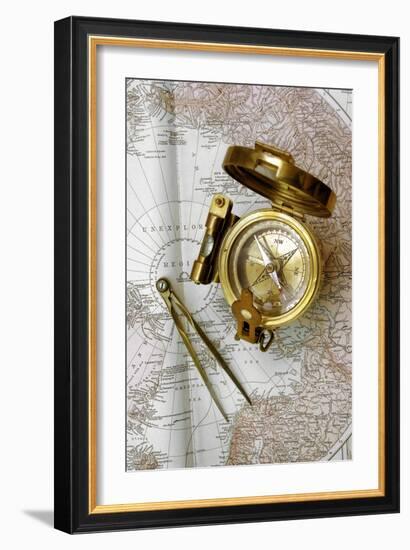 Compass And Dividers on a Map-Tony Craddock-Framed Photographic Print