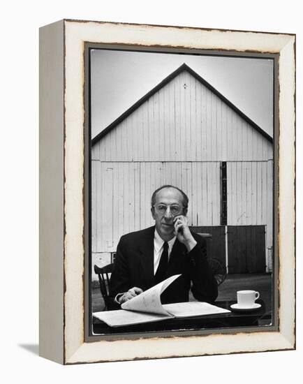 Composer Arron Copland Sitting at Table with Score in Front of Barn-Gordon Parks-Framed Premier Image Canvas