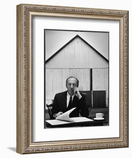 Composer Arron Copland Sitting at Table with Score in Front of Barn-Gordon Parks-Framed Photographic Print