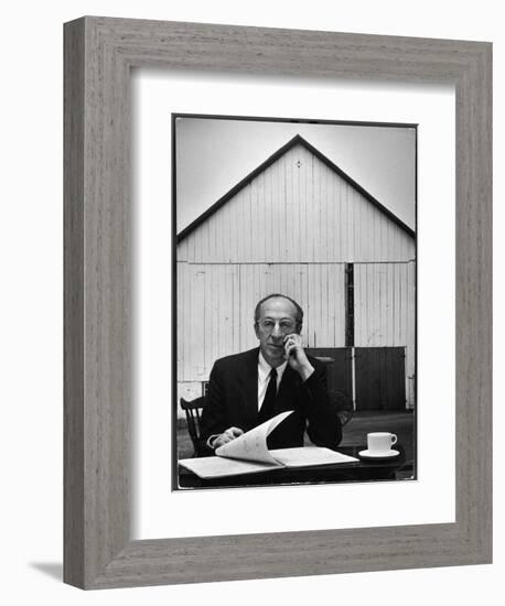 Composer Arron Copland Sitting at Table with Score in Front of Barn-Gordon Parks-Framed Photographic Print