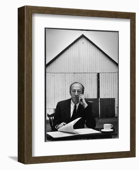 Composer Arron Copland Sitting at Table with Score in Front of Barn-Gordon Parks-Framed Photographic Print