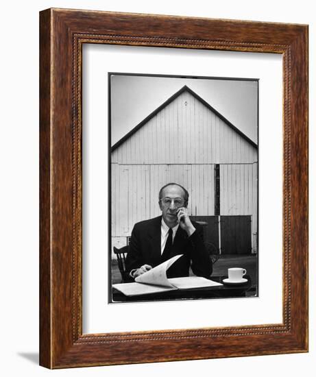 Composer Arron Copland Sitting at Table with Score in Front of Barn-Gordon Parks-Framed Photographic Print