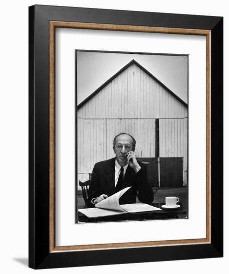 Composer Arron Copland Sitting at Table with Score in Front of Barn-Gordon Parks-Framed Photographic Print