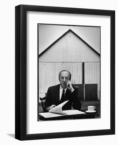 Composer Arron Copland Sitting at Table with Score in Front of Barn-Gordon Parks-Framed Photographic Print