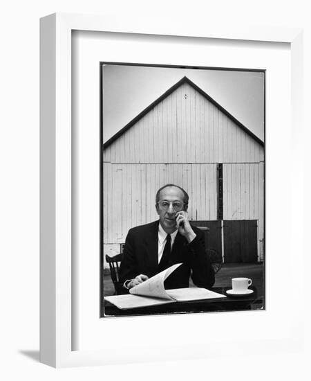 Composer Arron Copland Sitting at Table with Score in Front of Barn-Gordon Parks-Framed Photographic Print