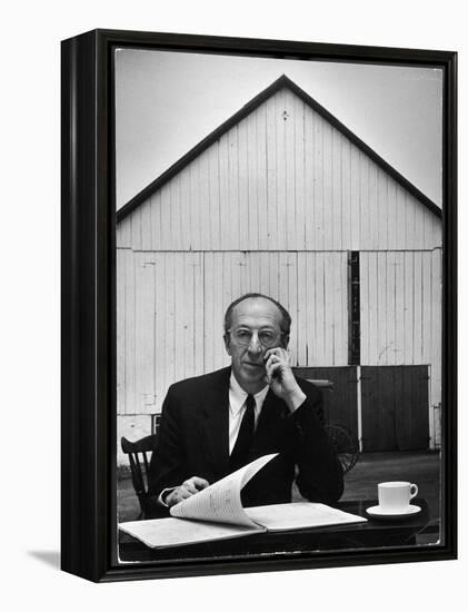 Composer Arron Copland Sitting at Table with Score in Front of Barn-Gordon Parks-Framed Premier Image Canvas