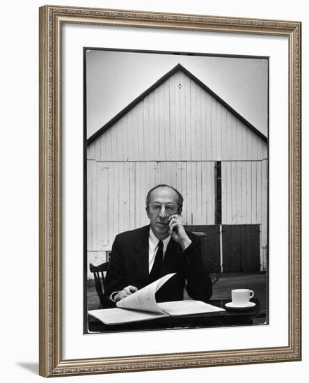 Composer Arron Copland Sitting at Table with Score in Front of Barn-Gordon Parks-Framed Premium Photographic Print