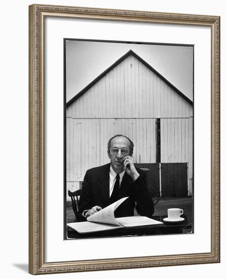 Composer Arron Copland Sitting at Table with Score in Front of Barn-Gordon Parks-Framed Premium Photographic Print