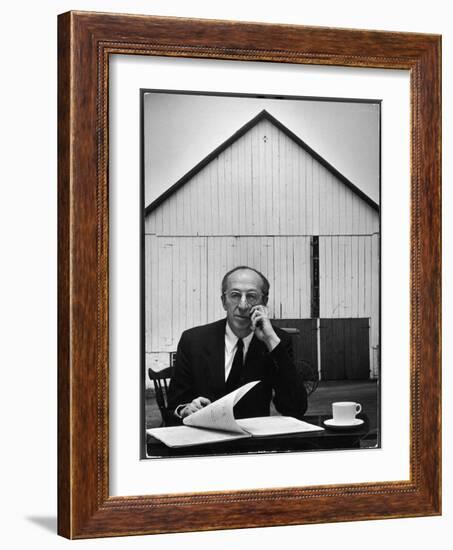 Composer Arron Copland Sitting at Table with Score in Front of Barn-Gordon Parks-Framed Photographic Print