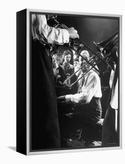 Composer Pianist Duke Ellington Playing Piano Amidst Two Trombonists during After Hours Jam Session-Gjon Mili-Framed Premier Image Canvas