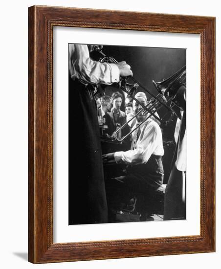 Composer Pianist Duke Ellington Playing Piano Amidst Two Trombonists during After Hours Jam Session-Gjon Mili-Framed Premium Photographic Print