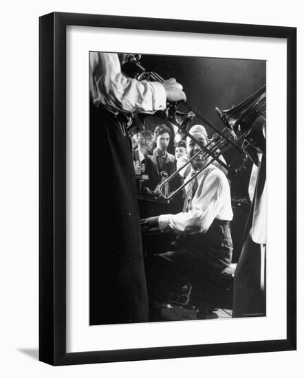 Composer Pianist Duke Ellington Playing Piano Amidst Two Trombonists during After Hours Jam Session-Gjon Mili-Framed Premium Photographic Print