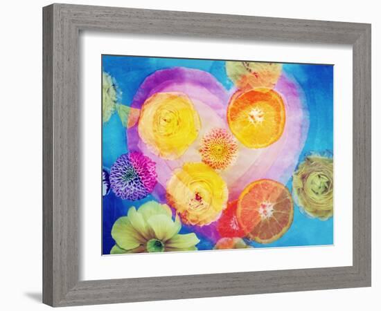 Composing of Blossoms and Slices of Orange Infront of Painted Heart-Alaya Gadeh-Framed Photographic Print