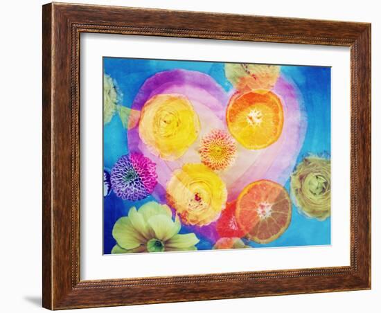 Composing of Blossoms and Slices of Orange Infront of Painted Heart-Alaya Gadeh-Framed Photographic Print