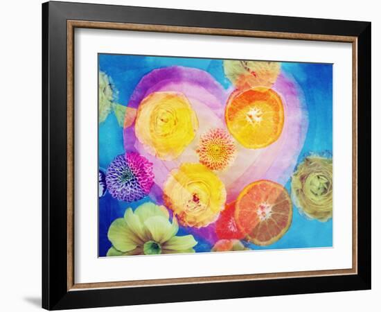 Composing of Blossoms and Slices of Orange Infront of Painted Heart-Alaya Gadeh-Framed Photographic Print