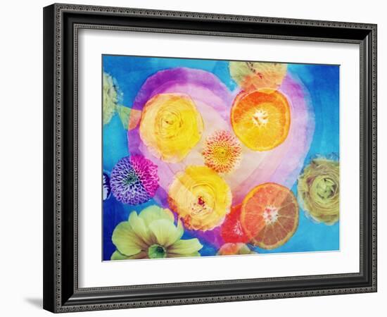 Composing of Blossoms and Slices of Orange Infront of Painted Heart-Alaya Gadeh-Framed Photographic Print