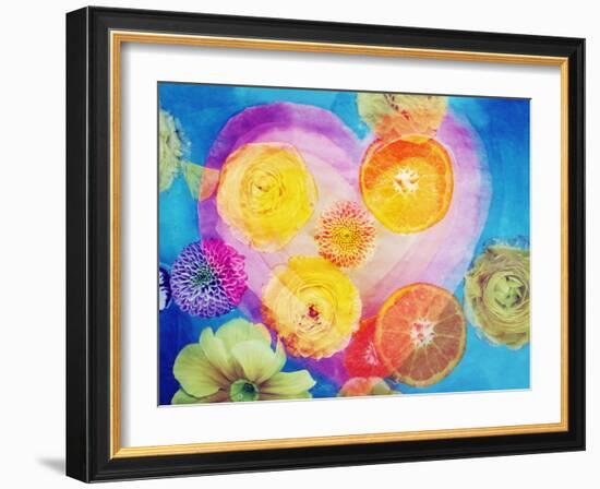 Composing of Blossoms and Slices of Orange Infront of Painted Heart-Alaya Gadeh-Framed Photographic Print