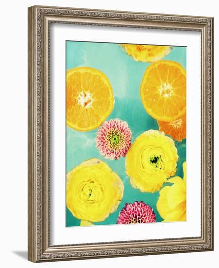 Composing of Blossoms and Slices of Orange on Blue Underground-Alaya Gadeh-Framed Photographic Print