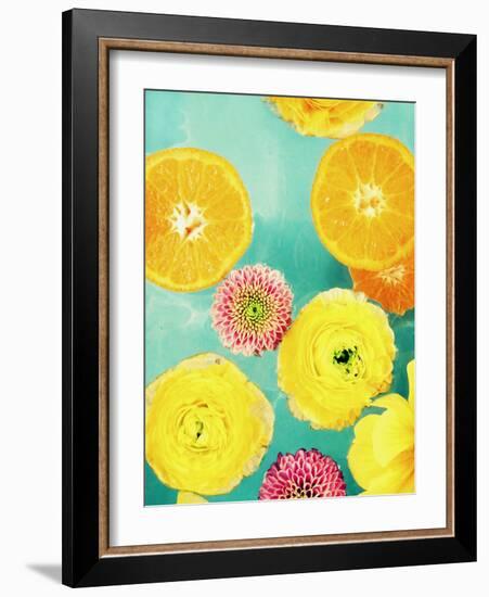 Composing of Blossoms and Slices of Orange on Blue Underground-Alaya Gadeh-Framed Photographic Print