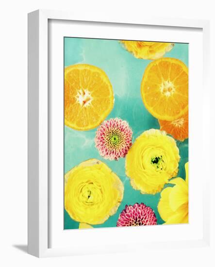 Composing of Blossoms and Slices of Orange on Blue Underground-Alaya Gadeh-Framed Photographic Print