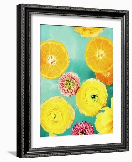 Composing of Blossoms and Slices of Orange on Blue Underground-Alaya Gadeh-Framed Photographic Print