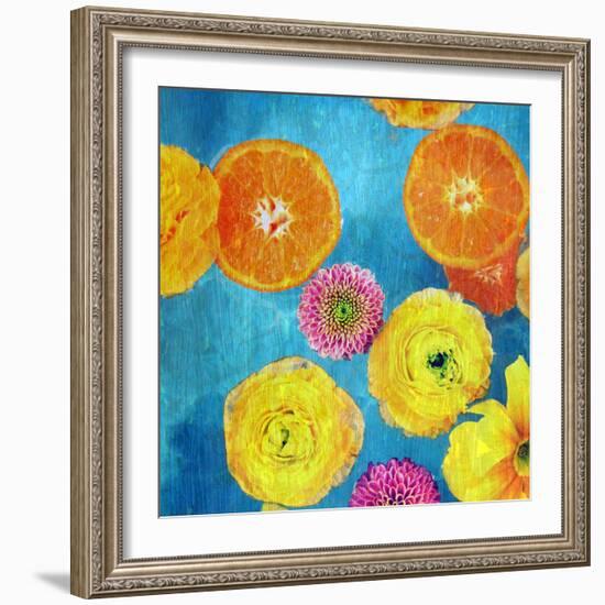 Composing of Blossoms and Slices of Orange on Blue Underground-Alaya Gadeh-Framed Photographic Print