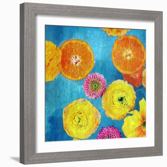 Composing of Blossoms and Slices of Orange on Blue Underground-Alaya Gadeh-Framed Photographic Print