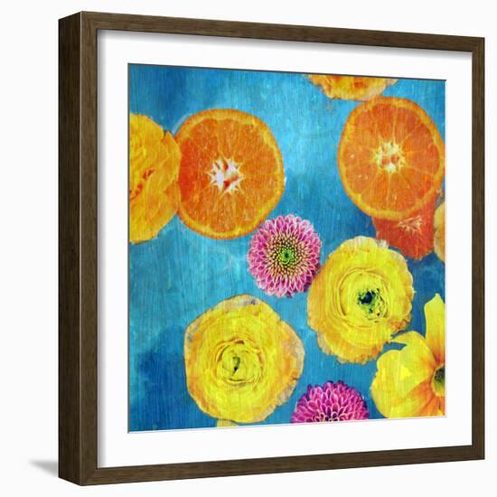 Composing of Blossoms and Slices of Orange on Blue Underground-Alaya Gadeh-Framed Photographic Print