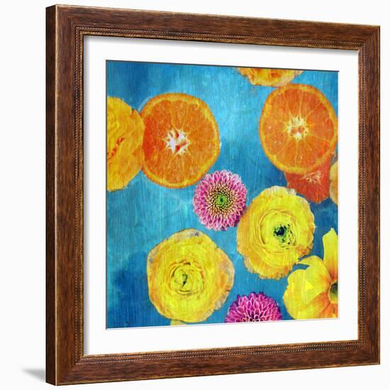 Composing of Blossoms and Slices of Orange on Blue Underground-Alaya Gadeh-Framed Photographic Print