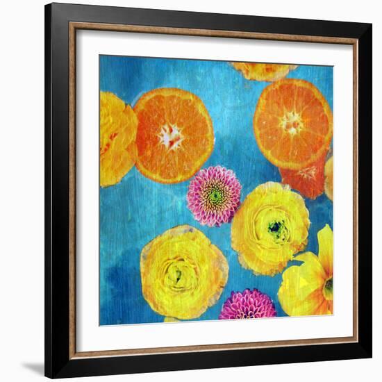 Composing of Blossoms and Slices of Orange on Blue Underground-Alaya Gadeh-Framed Photographic Print