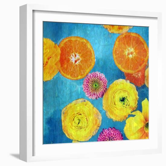 Composing of Blossoms and Slices of Orange on Blue Underground-Alaya Gadeh-Framed Photographic Print