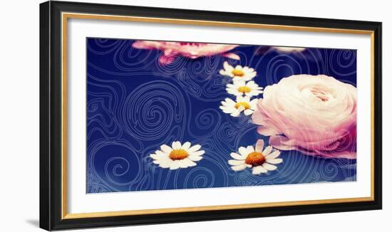 Composing of Blossoms on Ornated Pattern in Blue-Alaya Gadeh-Framed Photographic Print