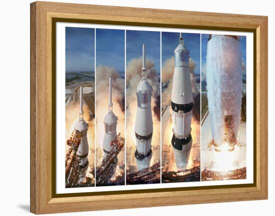 Composite 5 Frame Shot of Gantry Retracting While Saturn V Boosters Lift Off to Carry Apollo 11-Ralph Morse-Framed Premier Image Canvas