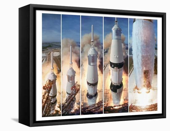 Composite 5 Frame Shot of Gantry Retracting While Saturn V Boosters Lift Off to Carry Apollo 11-Ralph Morse-Framed Premier Image Canvas