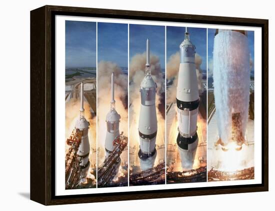 Composite 5 Frame Shot of Gantry Retracting While Saturn V Boosters Lift Off to Carry Apollo 11-Ralph Morse-Framed Premier Image Canvas