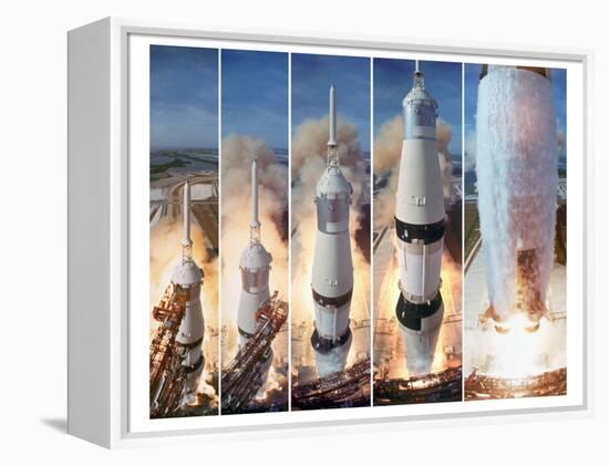 Composite 5 Frame Shot of Gantry Retracting While Saturn V Boosters Lift Off to Carry Apollo 11-Ralph Morse-Framed Premier Image Canvas