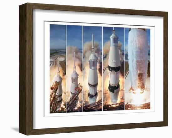 Composite 5 Frame Shot of Gantry Retracting While Saturn V Boosters Lift Off to Carry Apollo 11-Ralph Morse-Framed Premium Photographic Print