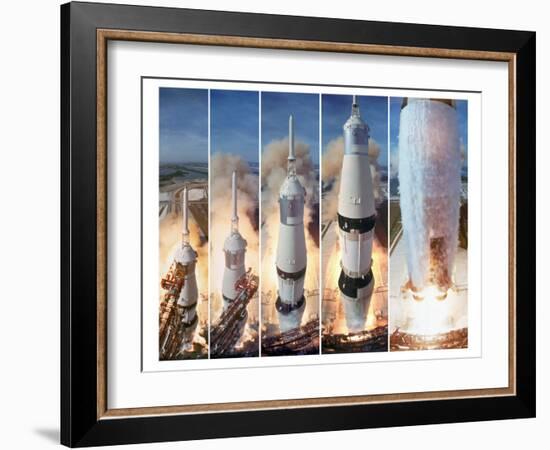 Composite 5 Frame Shot of Gantry Retracting While Saturn V Boosters Lift Off to Carry Apollo 11-Ralph Morse-Framed Premium Photographic Print