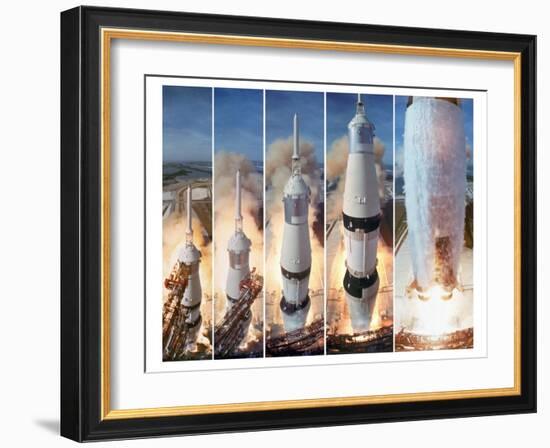 Composite 5 Frame Shot of Gantry Retracting While Saturn V Boosters Lift Off to Carry Apollo 11-Ralph Morse-Framed Premium Photographic Print