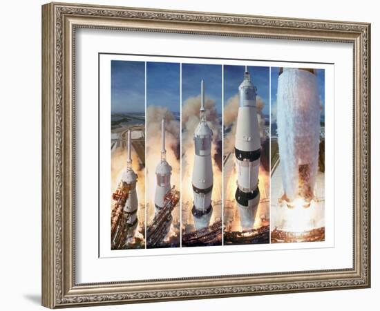 Composite 5 Frame Shot of Gantry Retracting While Saturn V Boosters Lift Off to Carry Apollo 11-Ralph Morse-Framed Photographic Print