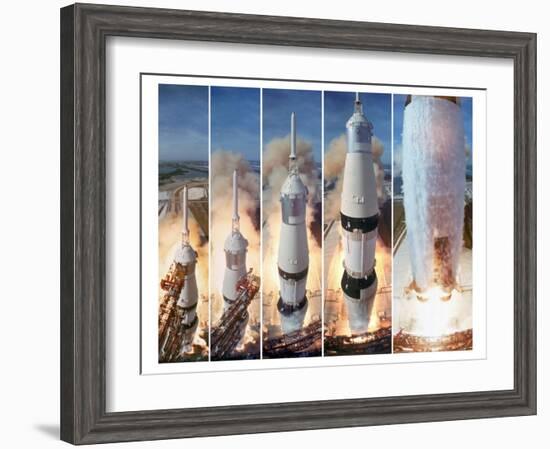 Composite 5 Frame Shot of Gantry Retracting While Saturn V Boosters Lift Off to Carry Apollo 11-Ralph Morse-Framed Photographic Print