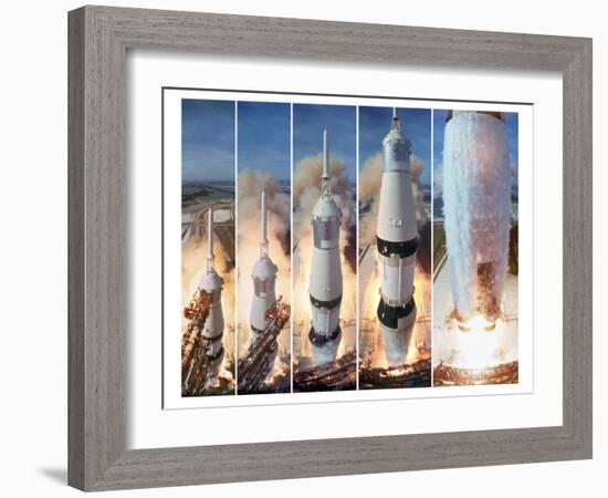 Composite 5 Frame Shot of Gantry Retracting While Saturn V Boosters Lift Off to Carry Apollo 11-Ralph Morse-Framed Photographic Print