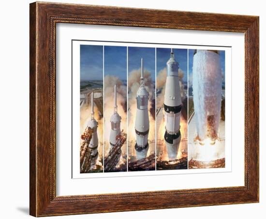 Composite 5 Frame Shot of Gantry Retracting While Saturn V Boosters Lift Off to Carry Apollo 11-Ralph Morse-Framed Photographic Print