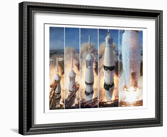 Composite 5 Frame Shot of Gantry Retracting While Saturn V Boosters Lift Off to Carry Apollo 11-Ralph Morse-Framed Photographic Print