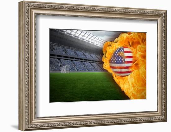 Composite Image of Fire Surrounding Usa Flag Football against Vast Football Stadium with Fans in Bl-Wavebreak Media Ltd-Framed Photographic Print