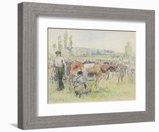 Compositional Study of a Milking Scene at Eragny-Sur-Epte, 1884 (Watercolour over Black Chalk)-Camille Pissarro-Framed Giclee Print