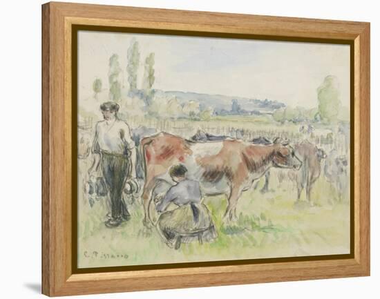 Compositional Study of a Milking Scene at Eragny-Sur-Epte, 1884 (Watercolour over Black Chalk)-Camille Pissarro-Framed Premier Image Canvas