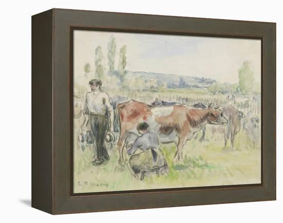 Compositional Study of a Milking Scene at Eragny-Sur-Epte, 1884 (Watercolour over Black Chalk)-Camille Pissarro-Framed Premier Image Canvas